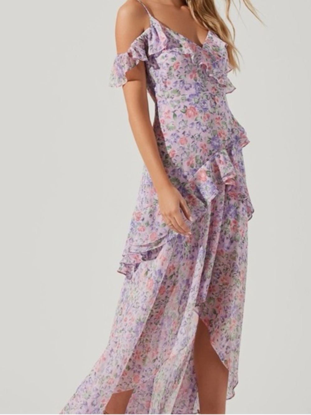ASTR Sz M Pemberley Pink Floral Cottagecore High Low Ruffle Maxi Dress